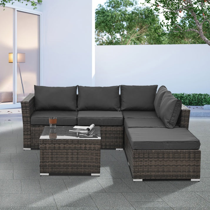 Patio Furniture, Outdoor Furniture, Seasonal PE Wicker Furniture, 4 Set Wicker Furniture With Tempered Glass Coffee Table