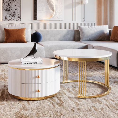 Modern 2-piece White Circular Nested Coffee Table With Drawers, 27.6 Inches