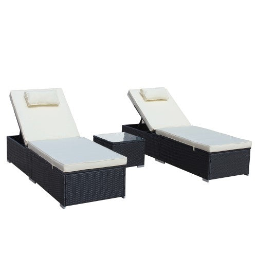 3-Piece Outdoor Patio Furniture Set Chaise Lounge, Patio Reclining Rattan Lounge Chair Chaise Couch Cushioned With Glass Coffee Table, Adjustable Back And Feet, Lounger Chair For Pool Garden, Beige