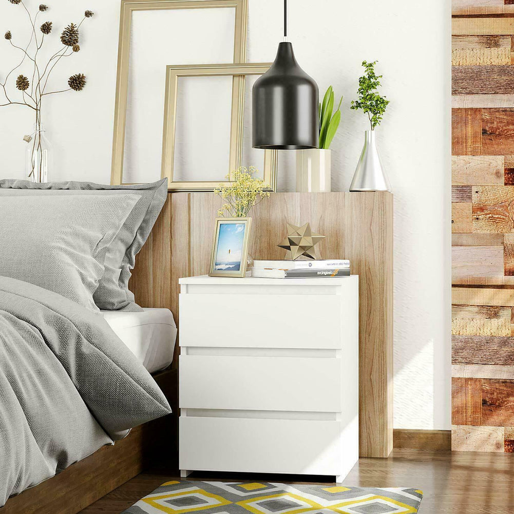 White Modern Bedside Table Cabinet Nightstand with 3 Storage Drawers Bedroom Furniture